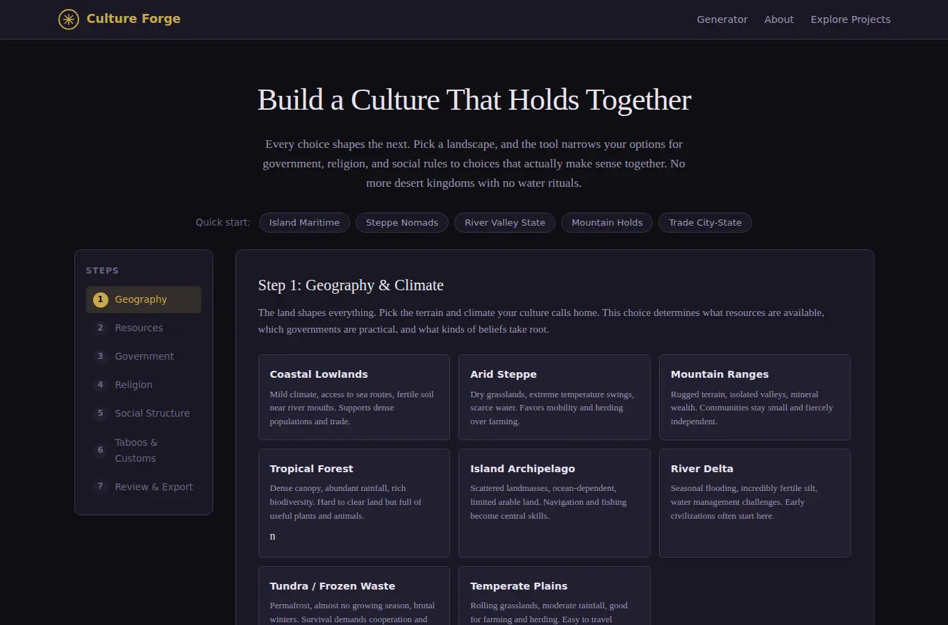 Screenshot of Worldbuilding Culture Forge interface showing the project page in use